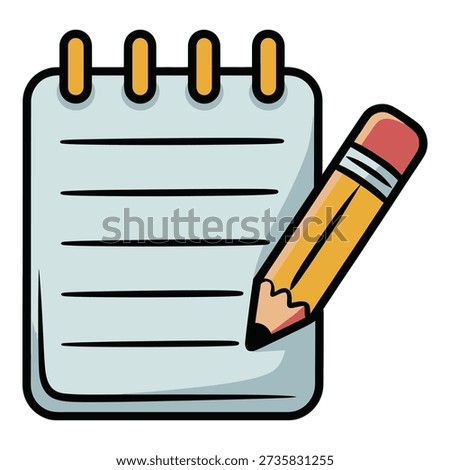 Cartoon illustration of notepad with pencil on white background icon