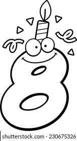 A cartoon illustration of a number eight with a birthday candle and confetti.