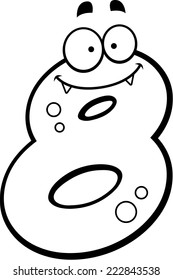 A cartoon illustration of a number eight monster smiling and happy.