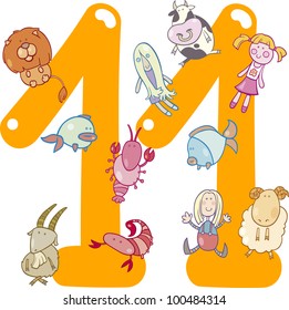 cartoon illustration with number eleven and toys
