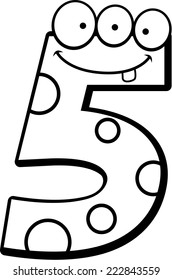 A cartoon illustration of a number five monster smiling and happy.