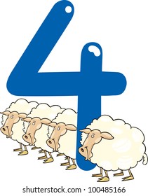 cartoon illustration with number four and sheep