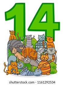 Cartoon Illustration of Number Fourteen and Cat Characters Group