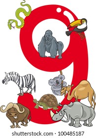 cartoon illustration with number nine and different animals