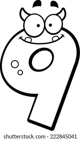 A cartoon illustration of a number nine monster smiling and happy.