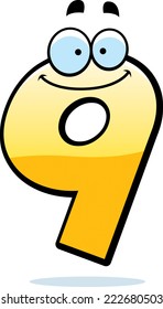 A cartoon illustration of a number nine smiling and happy.