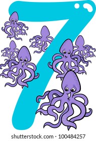 cartoon illustration with number seven and octopuses