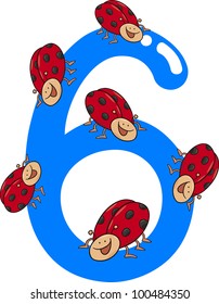 cartoon illustration with number six and ladybugs