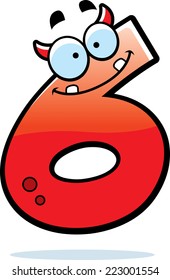 A cartoon illustration of a number six monster smiling and happy.