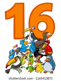 Cartoon Illustration of Number Sixteen and Bird Characters Group