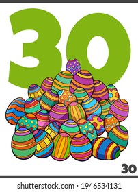 Cartoon illustration of number thirty for children with Easter colored eggs group
