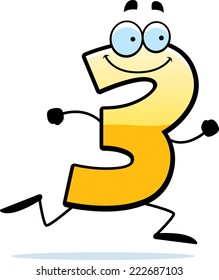 A cartoon illustration of a number three running and smiling.