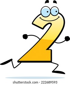 A cartoon illustration of a number two running and smiling.