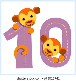 Cartoon illustration numbers with animals: number ten with a monkey