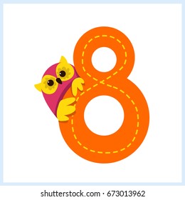 Cartoon illustration numbers with animals: number eight with a owl 