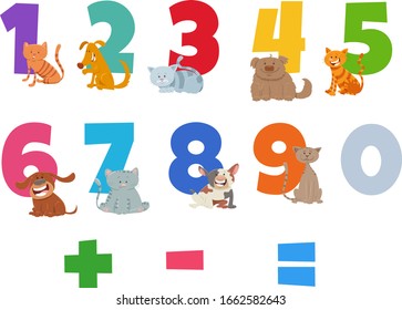 Cartoon Illustration of Numbers Set from One to Nine with Happy Cats and Dogs Animal Characters