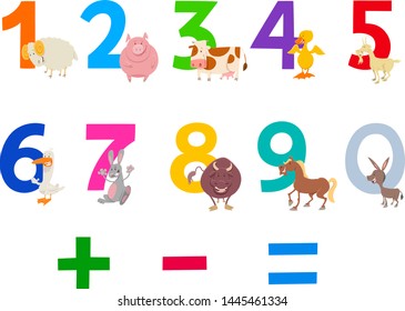 Cartoon Illustration of Numbers Set from Zero to Nine with Happy Farm Animal Characters