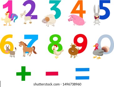Cartoon Illustration of Numbers Set from Zero to Nine with Cute Farm Animal Characters