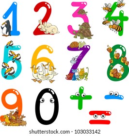 cartoon illustration of numbers from zero to nine with animals