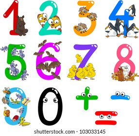 cartoon illustration of numbers from zero to nine with animals