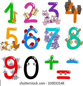 cartoon illustration of numbers from zero to nine with animals