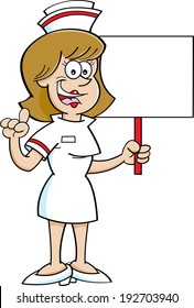 Cartoon illustration of a nurse holding a sign.