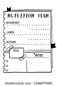 Cartoon illustration of nutrition plan. Hand drawn diet plan in doodle style for breakfast, lunch and dinner. Healthy meal concept for weight loss, calories count in kilo calories, briefly Kcal