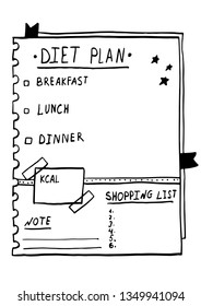 Cartoon illustration of nutrition plan. Hand drawn diet plan in doodle style for breakfast, lunch and dinner. Healthy meal concept for weight loss, calories count in kcal. Shopping list and notes