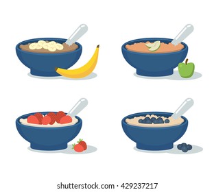 
Cartoon illustration of oatmeal porridge in bowls with different fillings. Vector illustration.