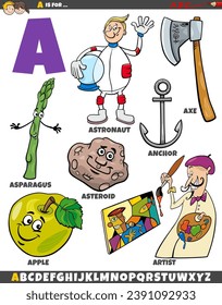 Cartoon illustration of objects and characters set for letter A