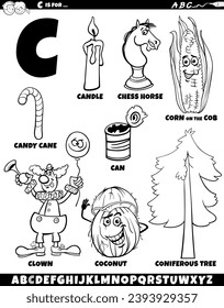 Cartoon illustration of objects and characters set for letter C coloring page