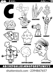 Cartoon illustration of objects and characters set for letter C coloring page