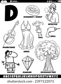 Cartoon illustration of objects and characters set for letter D coloring page