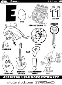 Cartoon illustration of objects and characters set for letter E coloring page
