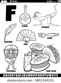Cartoon illustration of objects and characters set for letter F coloring page