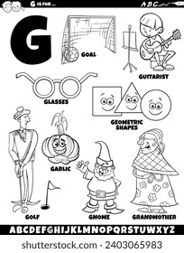 Cartoon illustration of objects and characters set for letter G coloring page