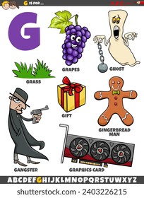 Cartoon illustration of objects and characters set for letter G