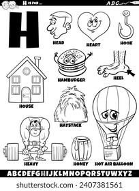 Cartoon illustration of objects and characters set for letter H coloring page