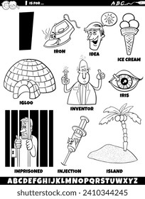 Cartoon illustration of objects and characters set for letter I coloring page