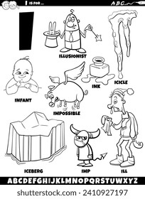 Cartoon illustration of objects and characters set for letter I coloring page