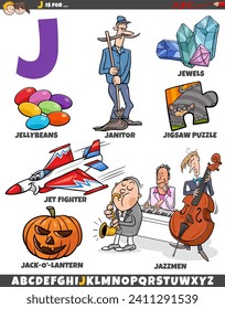 Cartoon illustration of objects and characters set for letter J