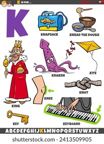 Cartoon illustration of objects and characters set for letter K