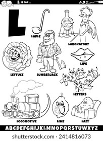 Cartoon illustration of objects and characters set for letter L coloring page