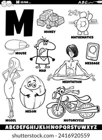 Cartoon illustration of objects and characters set for letter M coloring page