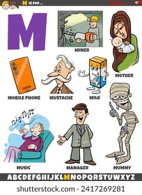 Cartoon illustration of objects and characters set for letter M