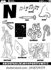 Cartoon illustration of objects and characters set for letter N coloring page