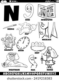 Cartoon illustration of objects and characters set for letter N coloring page