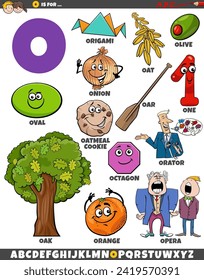 Cartoon illustration of objects and characters set for letter O