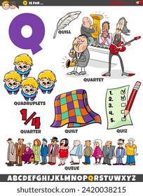 Ilustración de dibujos animados de objetos y caracteres definidos para la letra Q