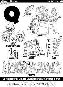 Cartoon illustration of objects and characters set for letter Q coloring page